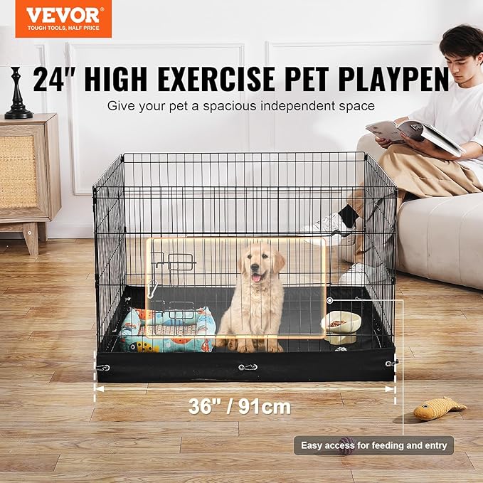 VEVOR Dog Playpen, 4 Pcs 24 x 36 in Panels Foldable Metal Pet Exercise Pen, Dog Fence Indoor and Outdoor Pen with Door and 600D Oxford Fabric Bottom Pad, for Dogs, Cats and Other Small Animals