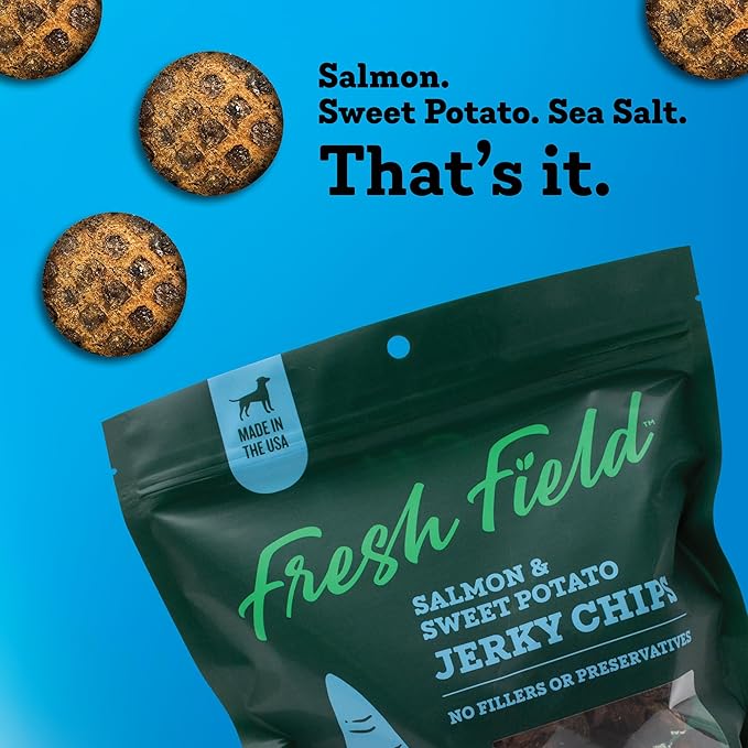 Fresh Field Salmon & Sweet Potato Jerky Chips, 5 oz – All-Natural Dog Treats, USA Made, No Fillers, Omega-3 Rich