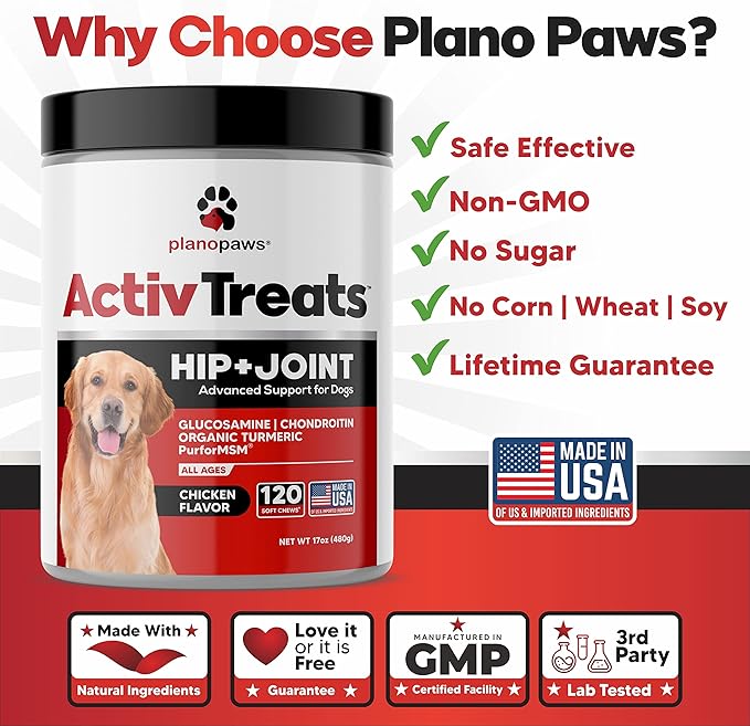 Glucosamine for Dogs Hip and Joint Supplement - Safe Joint Support - Glucosamine Chondroitin MSM Turmeric - 120 Mobility Joint Care Chews for Dogs - ActivTreats for All Breeds Ages and Sizes.