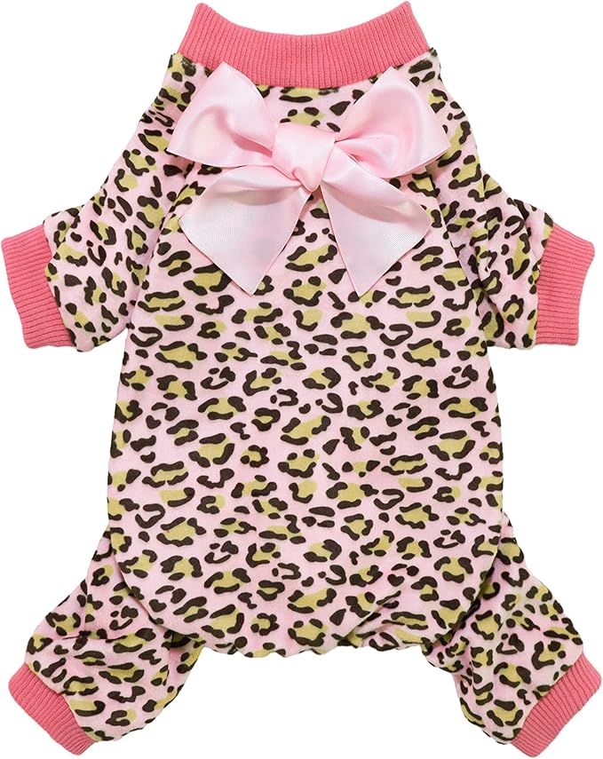 Fitwarm Leopard Dog Pajamas, Fleece Dog Clothes for Small Dogs Girl with Legs, Pet Onesie, Cat Outfit, Pink, XL