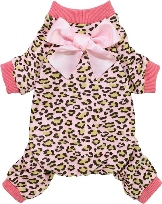 Fitwarm Leopard Dog Pajamas, Fleece Dog Clothes for Small Dogs Girl with Legs, Pet Onesie, Cat Outfit, Pink, XS