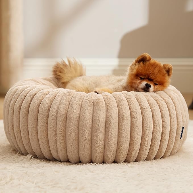 Bedsure Donut Small Dog Bed - Dog Beds for Small Dogs with Corduroy Fleece & Anti Slip Bottom, Round Faux Fur Pet Beds with Washable Removable Cover, Sandy Beige, 23x23x7 inches