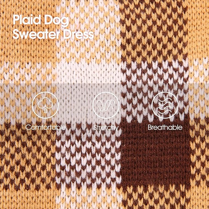 Dog Sweater Dress Plaid Knitwear for Small Medium Dogs Warm Puppy Pet Turtleneck Stretch Pullover Cute Fall Winter Vest Clothes with Leash Hole for Christmas (Coffee, S)