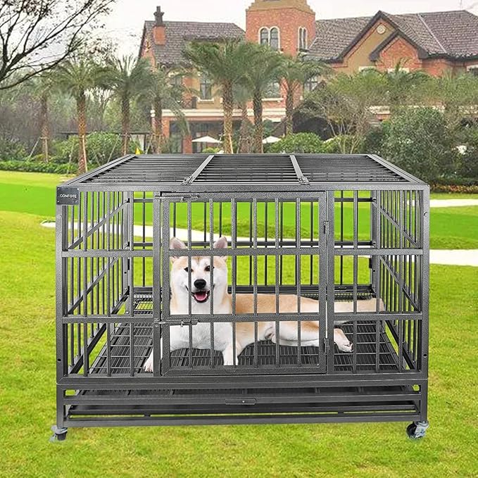 Confote 48" Heavy Dog Duty Cage Metal Indestructible Dog Kennels Crate for Large Dogs with Double Doors & Lockable Wheels