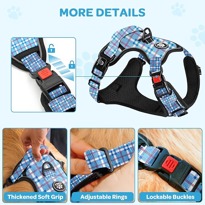 FURRYFECTION Plaid Dog Harness for Large Dogs | No Pull Reflective Pet Harness | No Choke Adjustable Dog Vest Harnesses | with Leash | Easy Control Handle | Front Lead | Seat Belt | Blue&White | XL