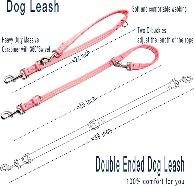 Double Ended Dog Leash,for Obedience Training Easy to Use,Lightweight,Soft for Large and Medium Dogs (Pink, 1M*2.5CM)