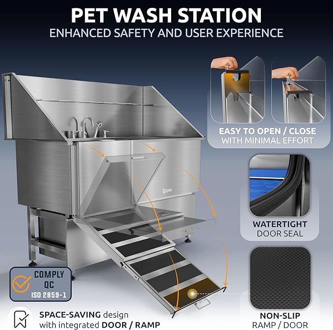 KANIS Professional Dog Washing Station - 304 Stainless Steel Pet Wash Sink & Grooming Bathtub w/Shower, Floor Grates and Storage for Large, Medium & Small Pets (61", 2 Drawers - Left Ramp)