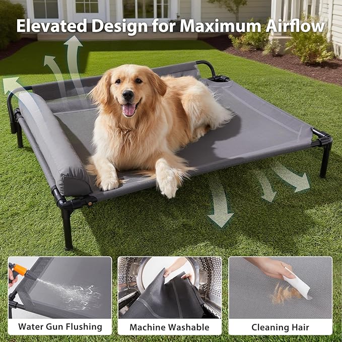 Cooling Elevated Dog Beds, Outdoor Raised Dog Bed for Large Pet, Elevated Outdoor Pet Cot, Durable Breathable Teslin Mesh with Slope Headrest, Chew Proof Portable Pet Bed for Indoor and Outdoor Use