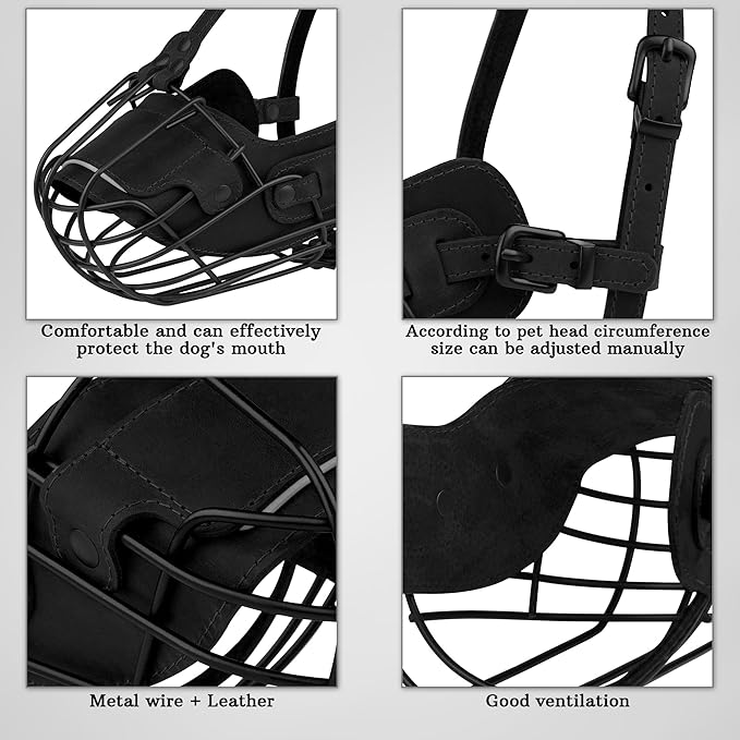 OOPSDOGGY Metal Pitbull Dog Muzzle Reflective Leather Mask Secure Wire Basket Muzzle for Large Sized Dogs Amstaff Soft Cage Muzzle to Prevent Biting Chewing with Adjustable Straps (Black, Pitbull)