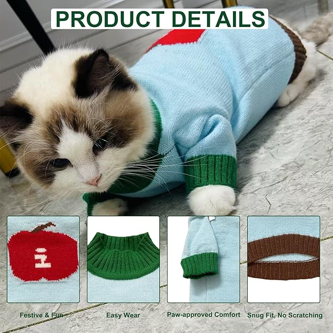 FluffgineerFall/Winter Dog & Cat Sweater - Cozy Knit Pullover for Small Pets, Light Blue with Red Apple Print, Warm & Breathable for Indoors/Outdoors, Anti-Shedding, Soft Yarn (XS/S/M/L/XL) (Medium)