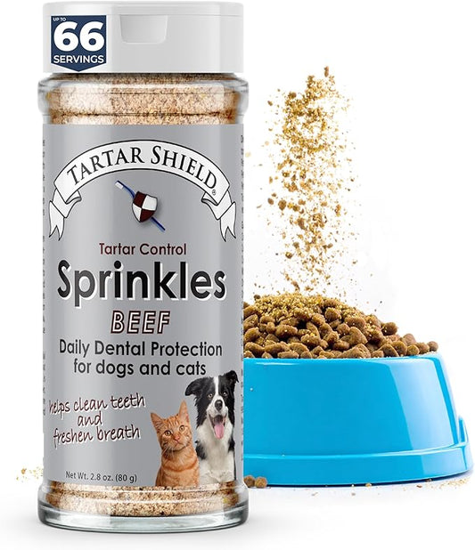 Tartar Shield Dental Sprinkles | Dog & Cat Food Topper Additive | Fights Tartar Plaque & Bad Breath Cleans Teeth & Gums | Pet Oral Health Support | USA Made | Low Calorie Human-Grade Beef