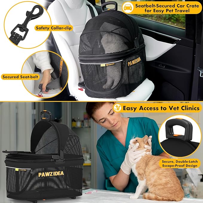PAWZIDEA Double Pet Stroller with 2 Detachable Carriers, Portable Dog Crate for Car Travel & TSA-Approved Expandable Cat Carrier, Foldable Lightweight Jogger Stroller for 2–4 Cats or Small/Medium Dogs