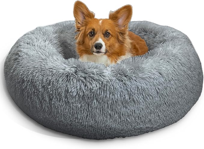 Best Friends by Sheri Original Calming Donut Dog and Cat Bed, Shag Faux Fur, Gray, (23in x 23in) - Anxiety Relief for Pets Up to 25 lbs