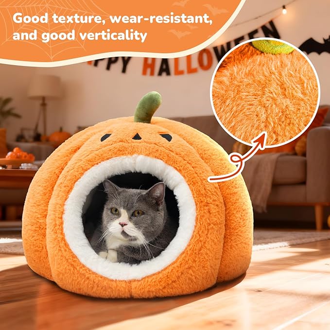 CATISM Halloween Cat Bed - Cat Bed for Indoor Cats, Cute Pumpkin Cat Beds with Warm Cushions Removable Cave with Non-Slip Bottom