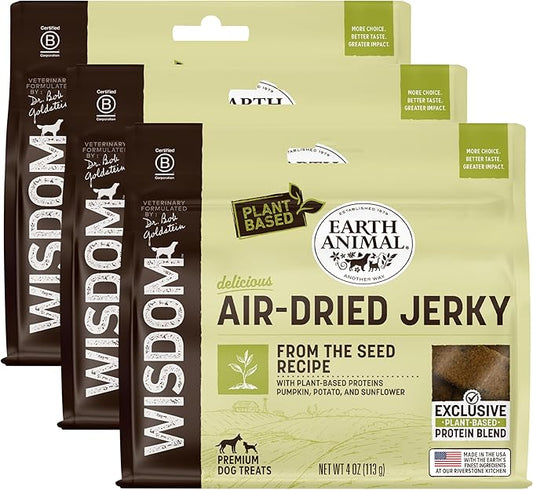 Earth Animal Wisdom Air-Dried Jerky from The Seed Recipe | Dog Treats | Dog Snacks | Premium Natural Plant-Based Jerky Strips | 4 oz |Made in The USA (Pack of 3)