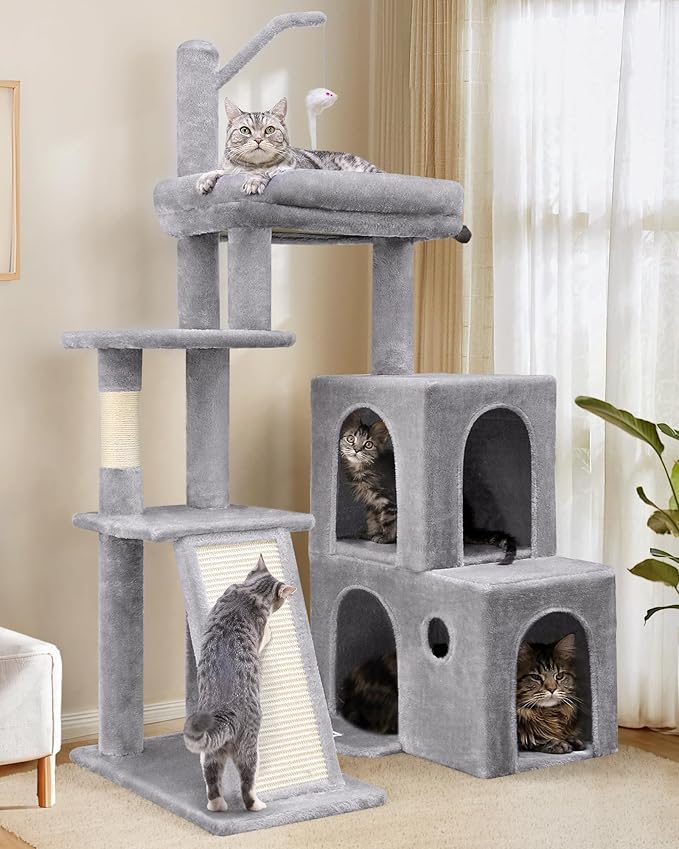 Globlazer Cat Tower for Indoor Adult Cats, 50-inch Heavy Duty Cat Tree for Big Cats, Cat Tree House with Extra-Large Padded Platform, Sisal Scratching Board, 2 Large Condos, F50, Light Grey