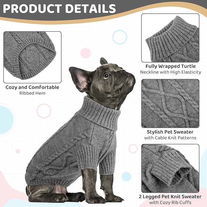 Queenmore Small Dog Pullover Sweater, Cold Weather Cable Knitwear, Classic Turtleneck Thick Warm Clothes for Chihuahua, Bulldog, Dachshund, Pug (Slate Grey, Medium)