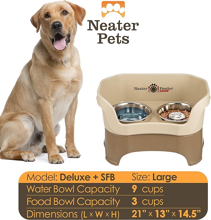 Neater Feeder Deluxe Mess Proof Dog Bowls Elevated for Large Breeds – Made in USA – No Spill Raised Slow Feeder Elevated Dog Bowl Stand, Stainless Steel Food and Water Bowl Set, Cappuccino