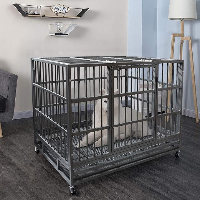Otaid 38 inch Heavy Duty Indestructible Dog Crate, Escape Proof Dog Crate for High Anxiety Dogs, Dog Cage Kennel with Wheels, Sturdy Locks Design, Double Door and Removable Tray