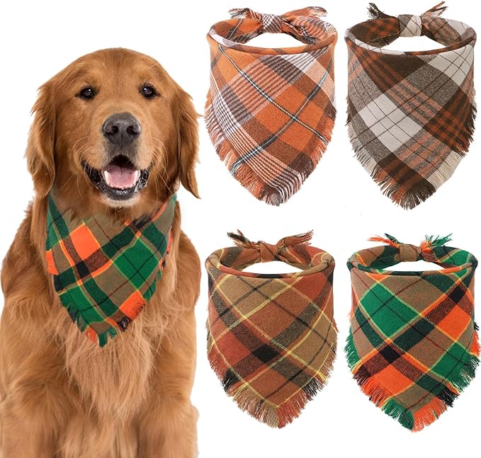 KOOLTAIL Thanksgiving Fall Dog Bandanas 4 Pack - Soft Breathable Washable Plaid Pet Scarf Bibs Kerchief, Dog Autumn Costume, Holiday Triangle Towel for Girl Boy Small Medium Large Dogs Cats, Orange XL