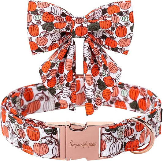 Unique Style Paws Halloween Day Dog Collar with Bowtie Pumpkin Cotton Dog Collars for Small Medium Large Dogs