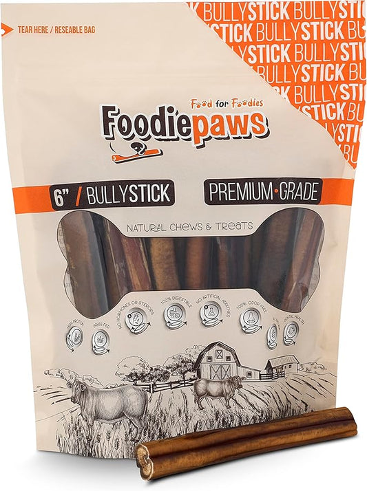 FOODIEPAWS 6 Inch Jumbo Bully Sticks for Dogs, 20 Pack | All Natural, Grass-Fed Beef Pizzle | Rawhide-Free, Odor-Free, Fully Digestible & Long Lasting Dog Chews | For Large Breeds & Aggressive Chewers