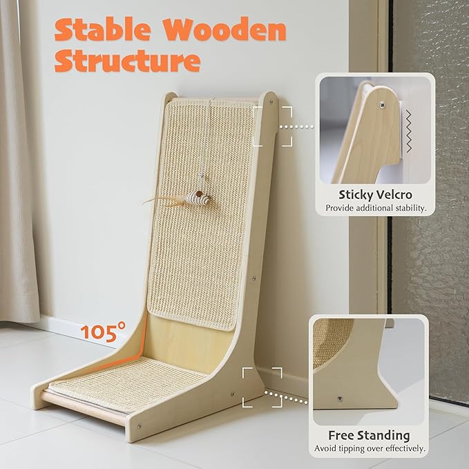 PETKARAY Sisal Cat Scratcher, Upright Cat Scratch Pad Wall Mounted, Vertical Scratching Post Alternative, L Shape Scratching Board 105°