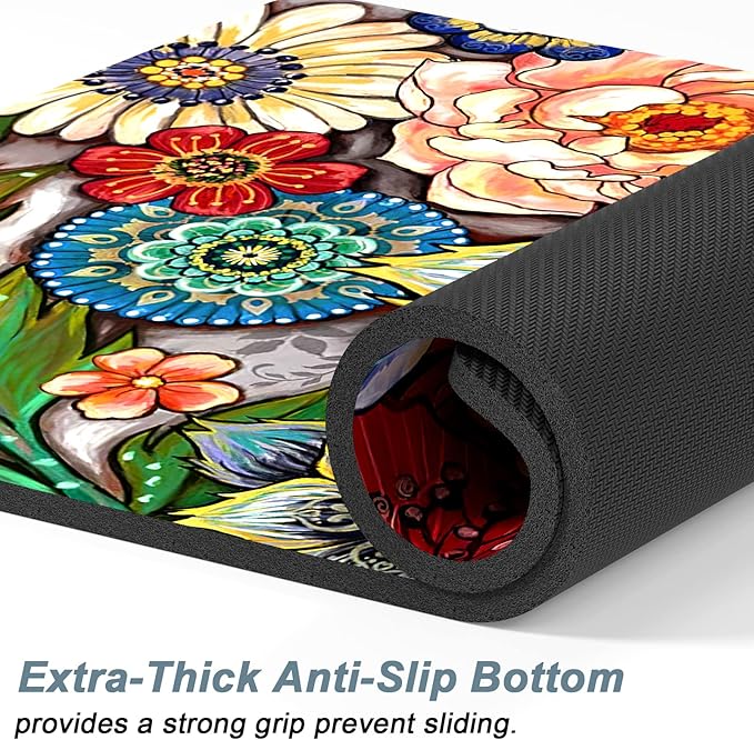 Rnivvi Dog Food Mat, 12" x 19" Flower Absorbent Dog Cat Bowl Mat for Food and Water, 3MM Anti-Slip Rubber Pet Feeding Rug Protect Floors, Puppy Placemat for Feeding & Watering Supplies, Mandala Floral