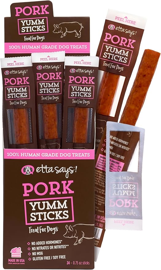 etta says! Yumm Sticks - Real Meat Pork Dog Jerky Treats - Human Grade - Made in The USA (24 Count Pack of 1)
