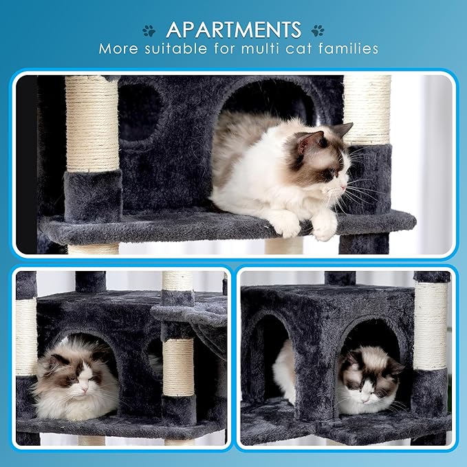 Hey-brother Cat Tree, 74 inches Multi-Level XL Large Cat Tower for Indoor Cats with Three Cat Condos, Two Large Top Decks and Cat Hairbrushfor Kittens, Cats and Pets, Smoky Gray MPJ035-MG