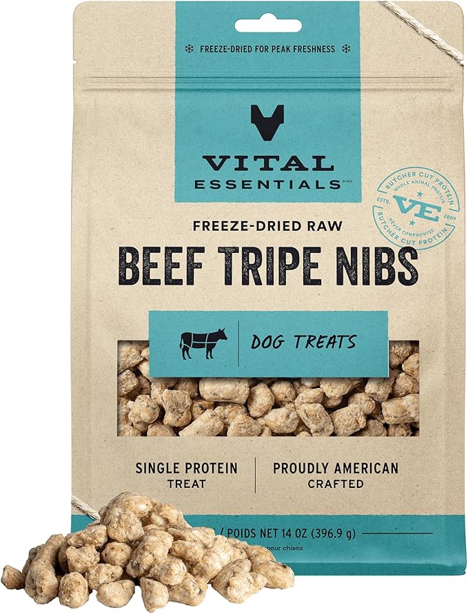 Vital Essentials Beef Tripe Nibs Dog Treats, 14 oz | Freeze-Dried Raw | Single Protein | Premium Quality High Protein Training Treats | Grain Free, Gluten Free, Filler Free