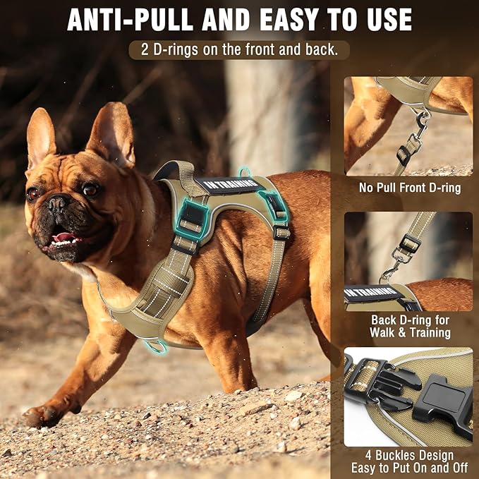 Tactical Dog Harness and Leash Set Medium Sized Dog,Heavy Duty No Pull Service Dog Vest and 10 Patches with Dog Seat Belt,Reflective Adjustable Pet Harness for Training Walking Hiking Brown M