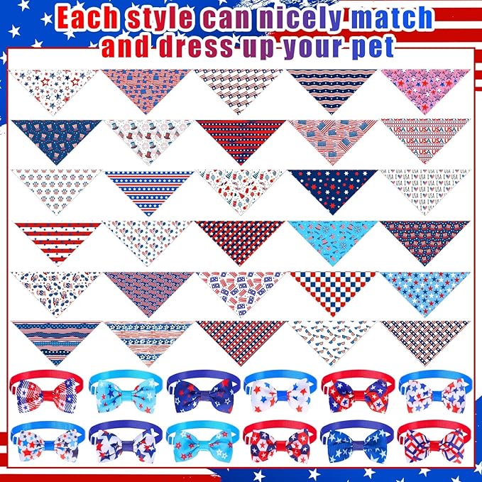 108 Pcs Veterans Patriotic Dog Bandanas Bulks Star Stripe Adjustable Bow Ties for Dogs USA Flag Bowknot Triangle Scarf Kerchief for Pet Cat 4th of July Memorial Grooming Outfit