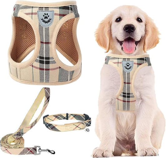 PUPTECK Adjustable Dog Harness Collar and Leash Set Step in No Pull Pet Harness for Small Medium Dogs Puppy and Cats Outdoor Walking Running, Soft Mesh Padded Reflective Vest Harnesses, Beige XXS