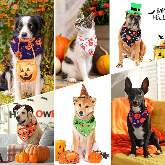 Sanwuta 100 Pcs Halloween Dog Bandanas Bulk Pumpkin Bat Spider Skull Pattern Dog Bandanas for Dogs Triangle Bibs Scarf for Small Medium Large Pet Christmas Costume Accessories(Large)