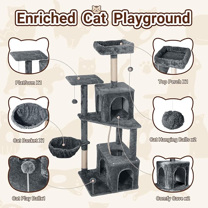 Cat Tree, 54-Inch Cat Tower for Indoor Cats,Plush Multi-Level Cat Condo with Scratching Posts, Basket, Perches,2 Caves,2 Pompoms(Dark Gray)