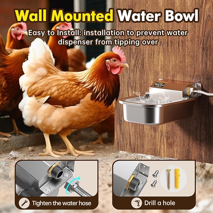 Automatic Water Dispenser for Dogs, Patented 3L Outdoor Dog Drinking Water Bowl, Stainless Steel Waterer Feeder Suitable for Chicken Livestock Animal,Fit 3/4'' GHT Faucet, Wall-Mounted, Easy to Clean