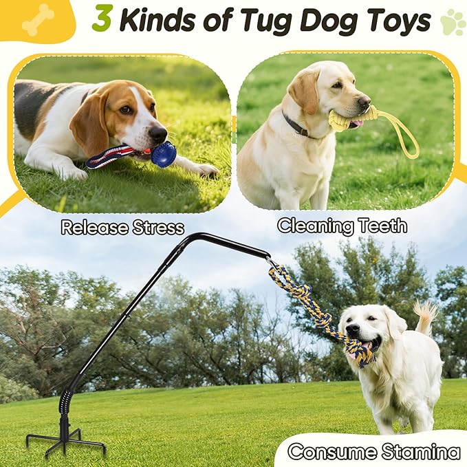 Tether Outdoor Dog Rope Toy with Strengthen Spring Pole, 3 Kinds Dog Tug of War Toys for Self Play and Interactive in Park, Yard, Lawn Rope, Suitable for Large Medium Small Dogs (Black)