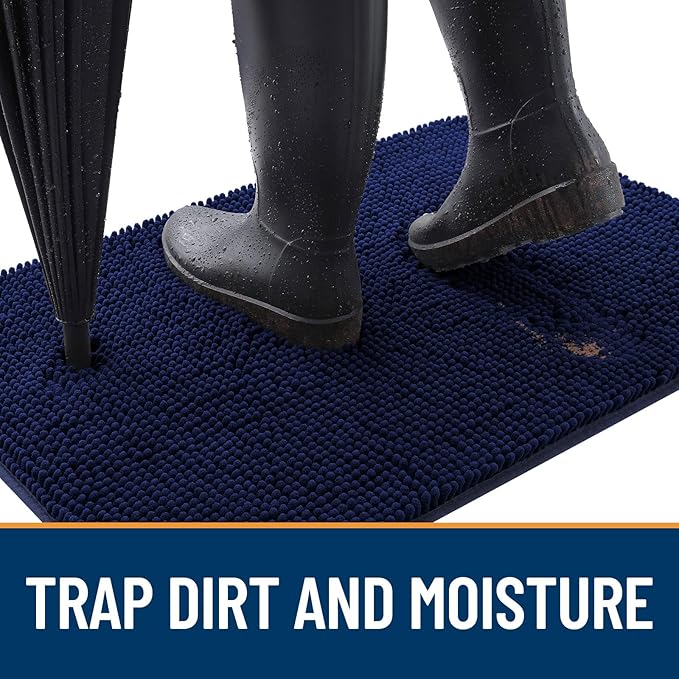 OLANLY Dog Door Mat for Muddy Paws 45x27, Absorbs Moisture and Dirt, Absorbent Non-Slip Washable Doormat, Quick Dry Chenille Mud Mat for Dogs, Entry Indoor Entryway Carpet for Inside Floor, Navy Blue