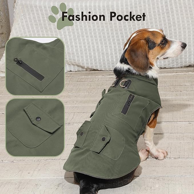 Workwear Style Dog Coats with Harness Built in for Small Dogs Windproof Warm Puppy Jacket with Storage Pockets for Cold Winter,Green M
