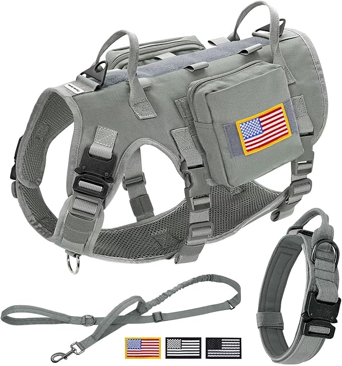 Forestpaw Tactical Dog Harness for Large Dogs,Tactical Dog Collar with Bungee Leash Set,No Pull Military Dog Harness for Walking Training,Adjustable for Medium Large Dogs,Gray,Chest 19.5-41.5"