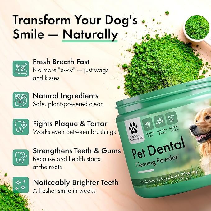 Dog Dental Powder – Dog Breath Freshener – Plaque Off and Tartar Remover for Dogs, Bad Breath Treatment, Natural Tooth Cleaning Powder for Dogs of All Breeds and Sizes – Oral Care Supplement for Pets