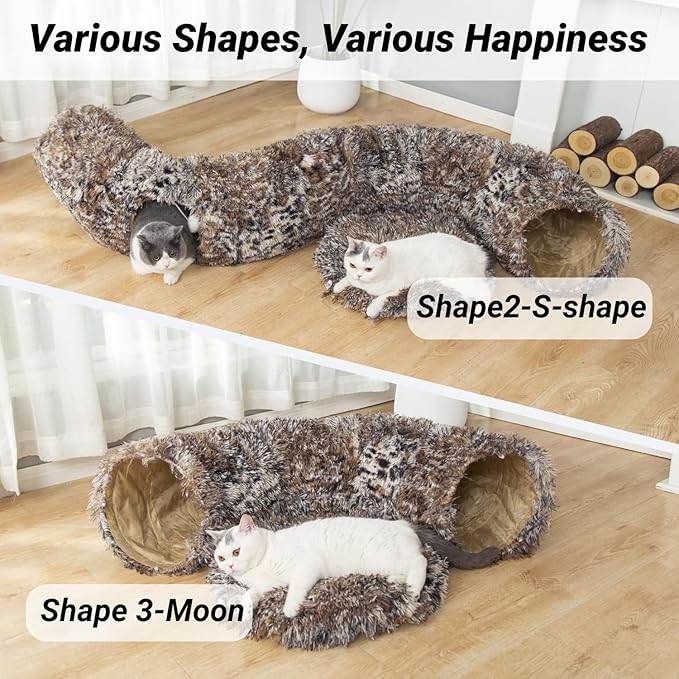 LUCKITTY Warm Fluffy Plush Cat Dog Tunnel Bed with Washable Cushion- Big Tube Playground Toys 3 FT Diameter Collapsible, for Indoor Cat Kitty Kitten Puppy Rabbit Ferret Leopard Print