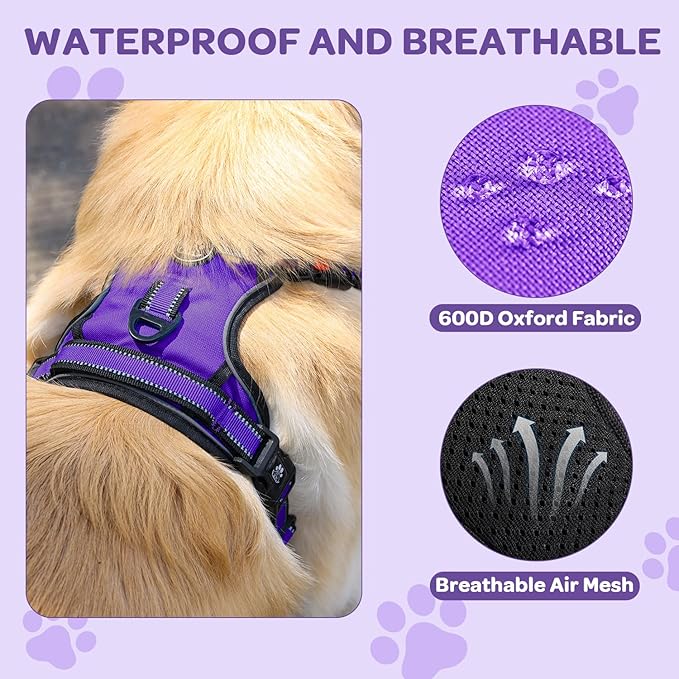 FURRYFECTION Dog Harness | No Pull Dog Harness | Reflective Oxford | Padded Handle | 4 Adjustable Straps | 2 Leash Clips | No Choke Pet Vest Harness for Small Medium Large Dogs | Purple | L