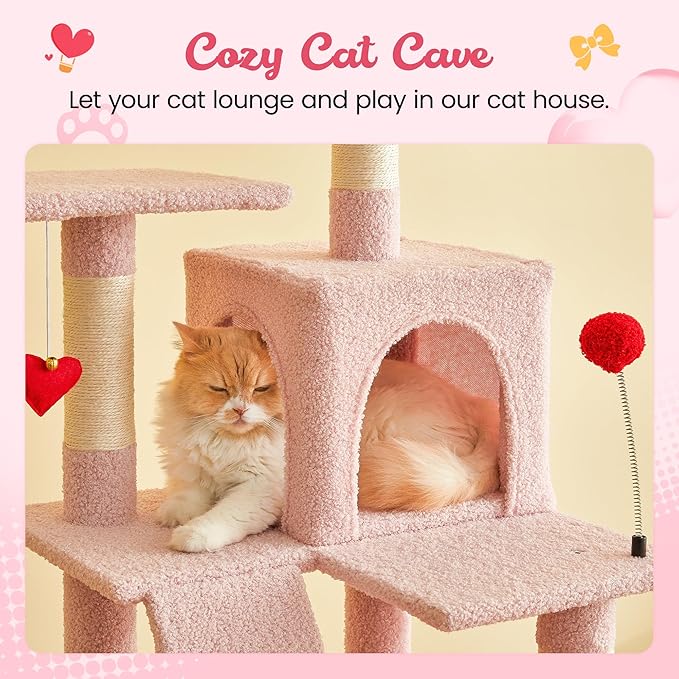 MWPO Cute Cat Tree, 63.8-Inch Pink Cat Tower for Indoor Cats, Multi-Level Cat Condo with 5 Scratching Posts, 2 Perches, Hammock, Dangling Toys