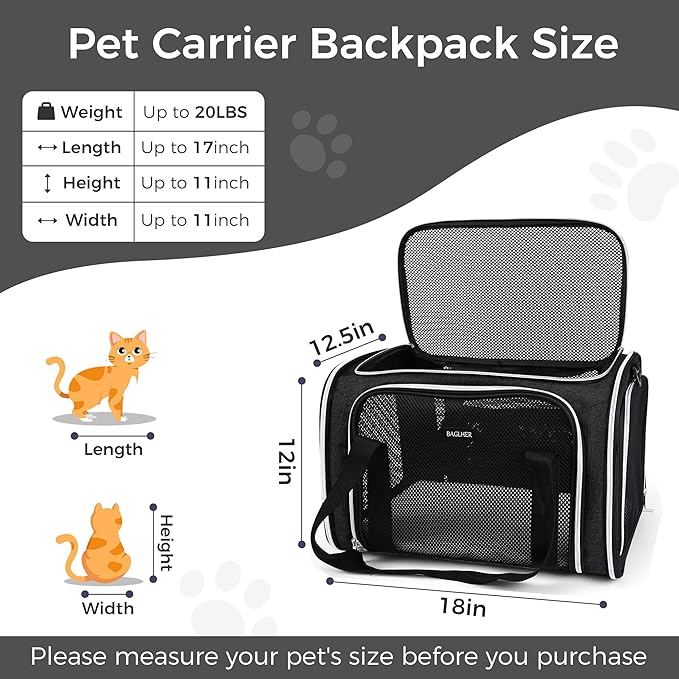 BAGLHER Pet Travel Carrier, Cat Carriers Dog Carrier for Small Medium Cats Dogs Puppies, Airline Approved Small Dog Carrier Soft Sided, Collapsible Puppy Carrier. Black