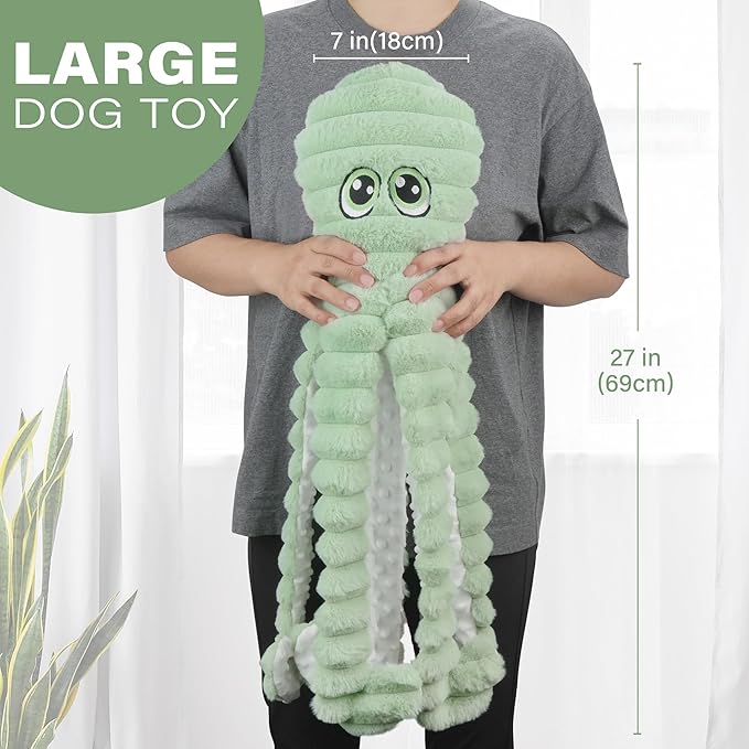 Prime Pets Dog Toys for Large Dogs, 27” Extra Large Plush Octopus Dog Toy, Crinkle Squeaky Dog Toy for Small Medium Large Breeds, Interactive Stuffed Chew Toys to Keep Them Busy, Green
