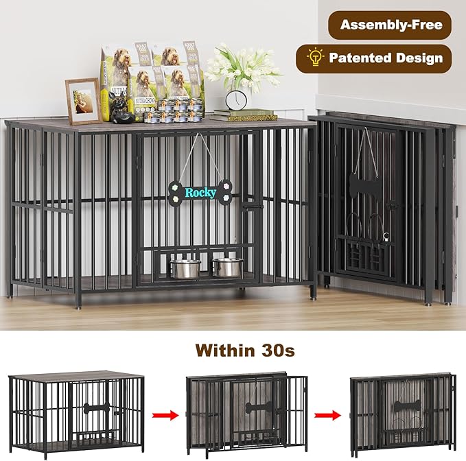 Easycom 43" Dog Crate Furniture Foldable, No Assembly Decorative Dog Kennel Indoor, XL Dog Crates for Large Dogs (60-80 lbs), Wooden Dog Cage with Adjustable Bowls and Name Tag, Oak Grey
