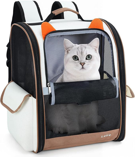 Lekereise Cat Backpack Carrier, Pet Carrier Backpack for Small Dogs Medium Cats Fit Up to 18 Lbs, Dogs Foldable Backpack Carrier for Travel, Hiking, Beige-Orange Ears
