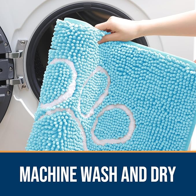 OLANLY Dog Door Mat for Muddy Paws 40x32, Paw Print Design, Absorbs Moisture and Dirt, Absorbent Non-Slip Washable Doormat, Quick Dry Chenille Mud Mat for Dogs, Entry Indoor Entryway Carpet, Blue